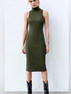 ZARA green Seeveless Turtleneck Midi Dress in Olive Green